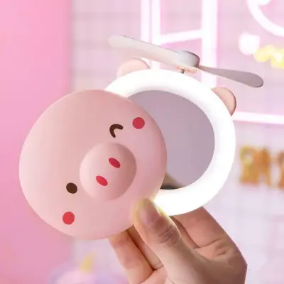 Usb Rechargeable Makeup Mirror Fan With Cute Led Light